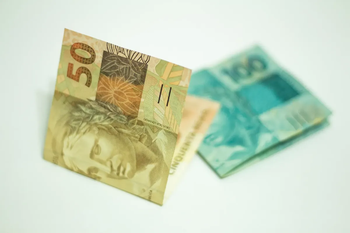 ブラジルの通貨のクローズアップ写真。50リアルと100リアルの紙幣が描かれています。
