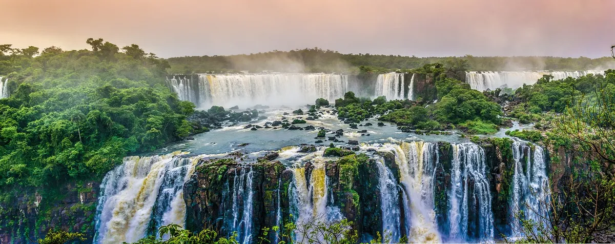 waterfalls, landscape, trees, forest, rainforest, falls, torrent, cascade, cascading, flow, flowing water, nature, waters, brazil, tropical waterfall, panorama,