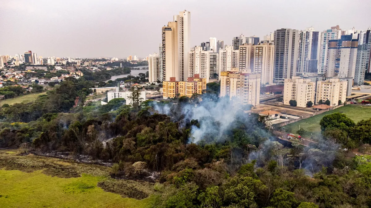 Aerial shot of a forest fire near urban buildings in Londrina, Paraná, Brazil.