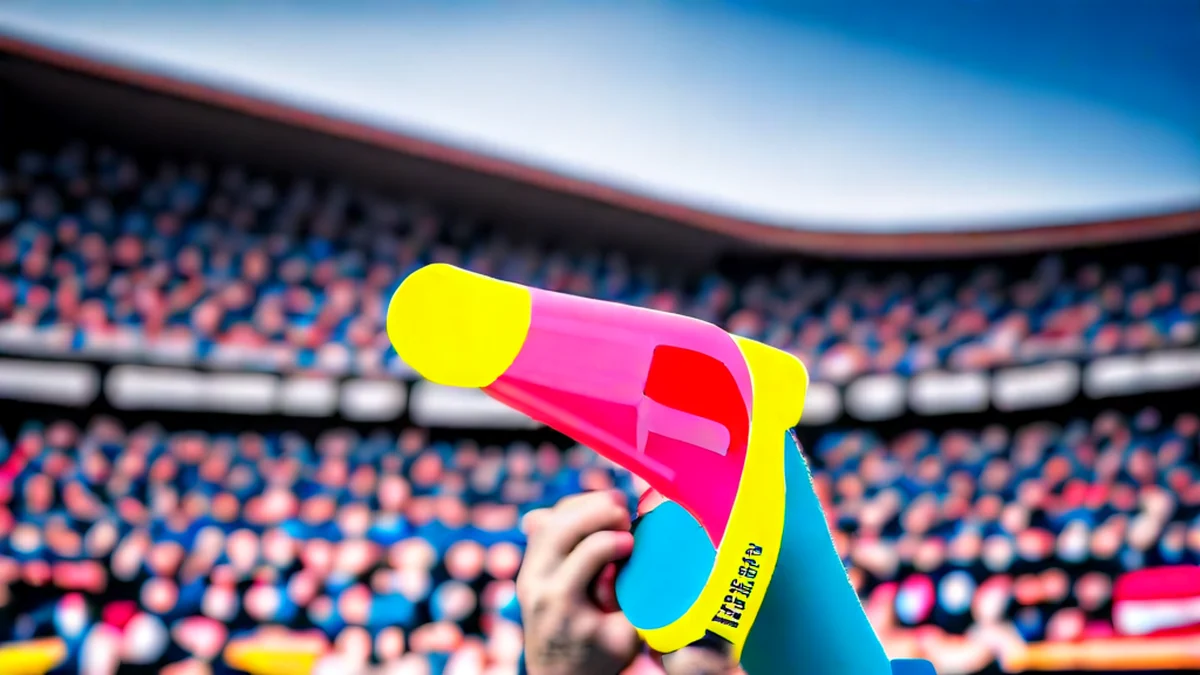Ein Fußball-Fan hält einen Megaphon in einem Stadion.
