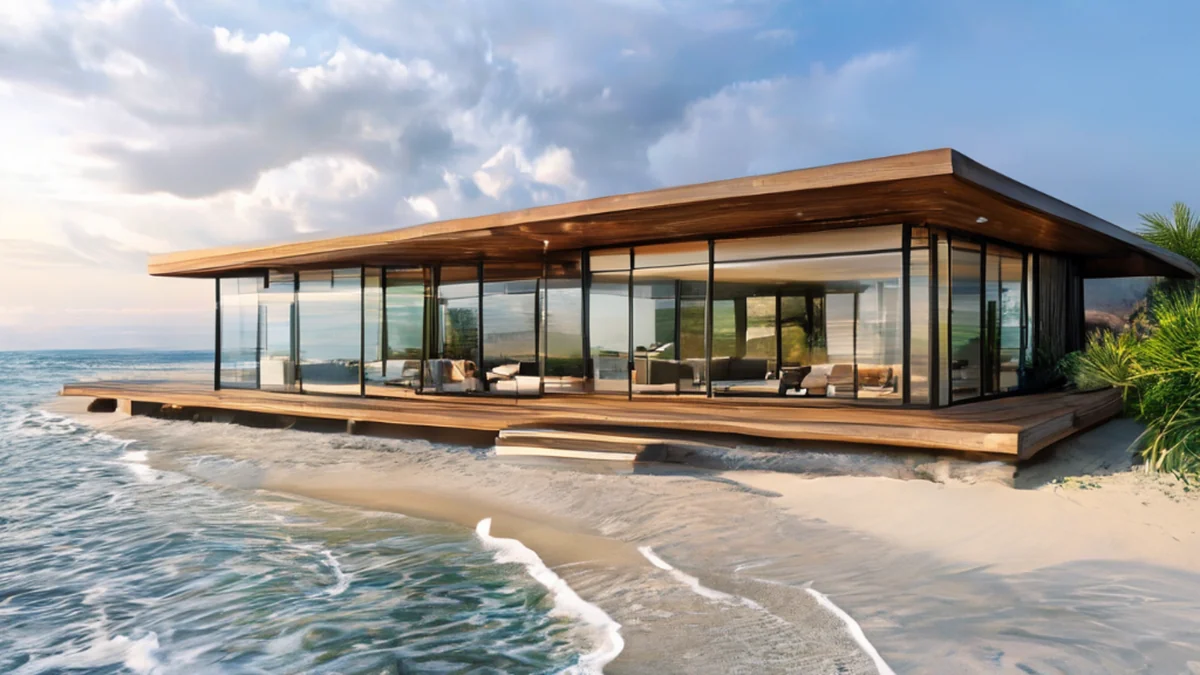 Modern beachfront villa with white walls, blue roof, and tropical garden view.