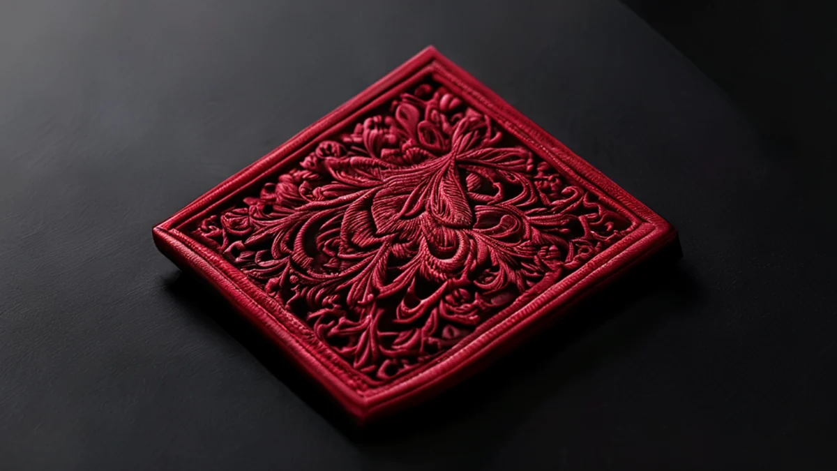 An embroidered panel with a crimson color, intricate design, shaped like a square, resting on a black background under clean studio softbox light, shallow depth of field, photorealistic, sharp focus
