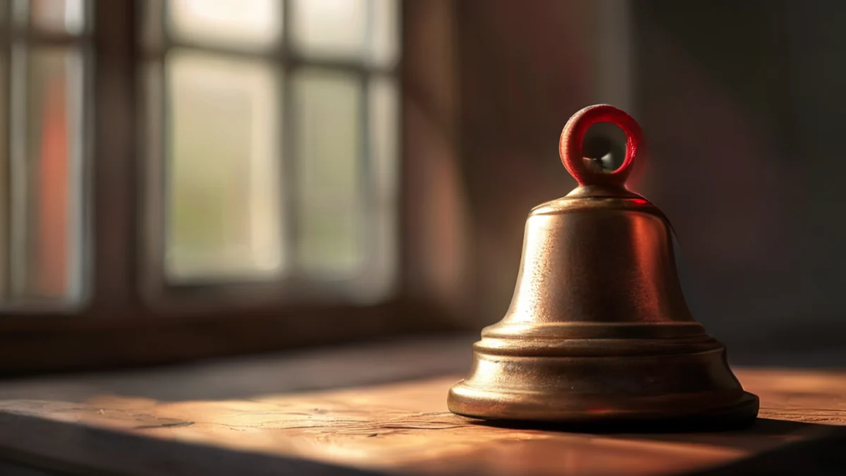 Gong en bronze avec une corde rouge sur un support en bois, lumière douce du fenêtre, profondeur de champ faible, photoréaliste, focus net, détails élevés