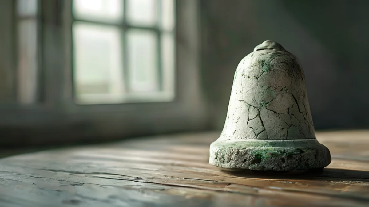 Cloche en pierre gondolée, blanc avec des fissures vertes, surface rugueuse, posée sur une table en bois simple, sous une lumière douce de fenêtre, champ de profondeur faible, réalisme photo, focus net, détails élevés