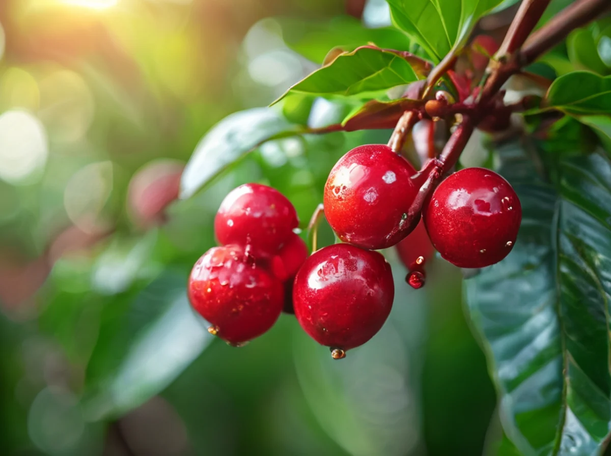Le bacche di caffè crescono su un ramo di un albero di caffè.