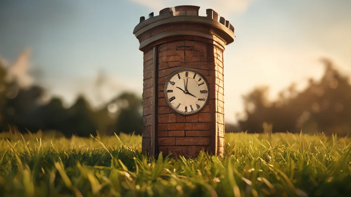 Torre d'orologio centrale, mattoni, cilindrica, marrone, uscita, su prateria, luce calda, profondità di campo sottile, realismo fotografico, dettagli elevati