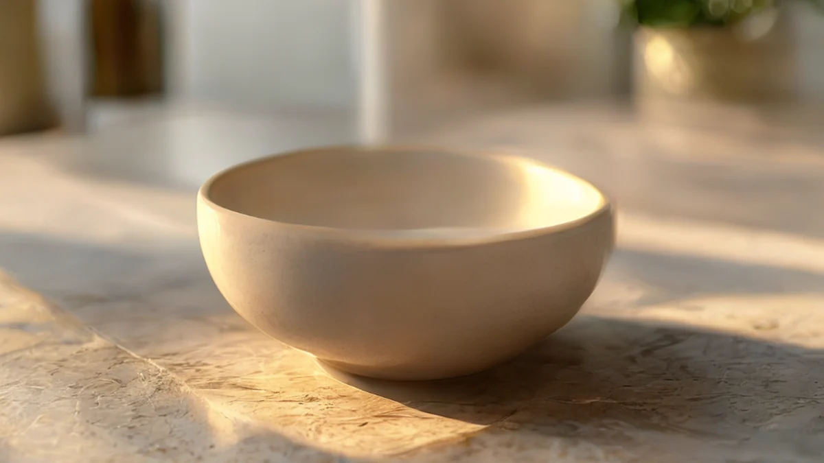 Um prato de porcelana com superfície lisa e tonos terrosos naturais.