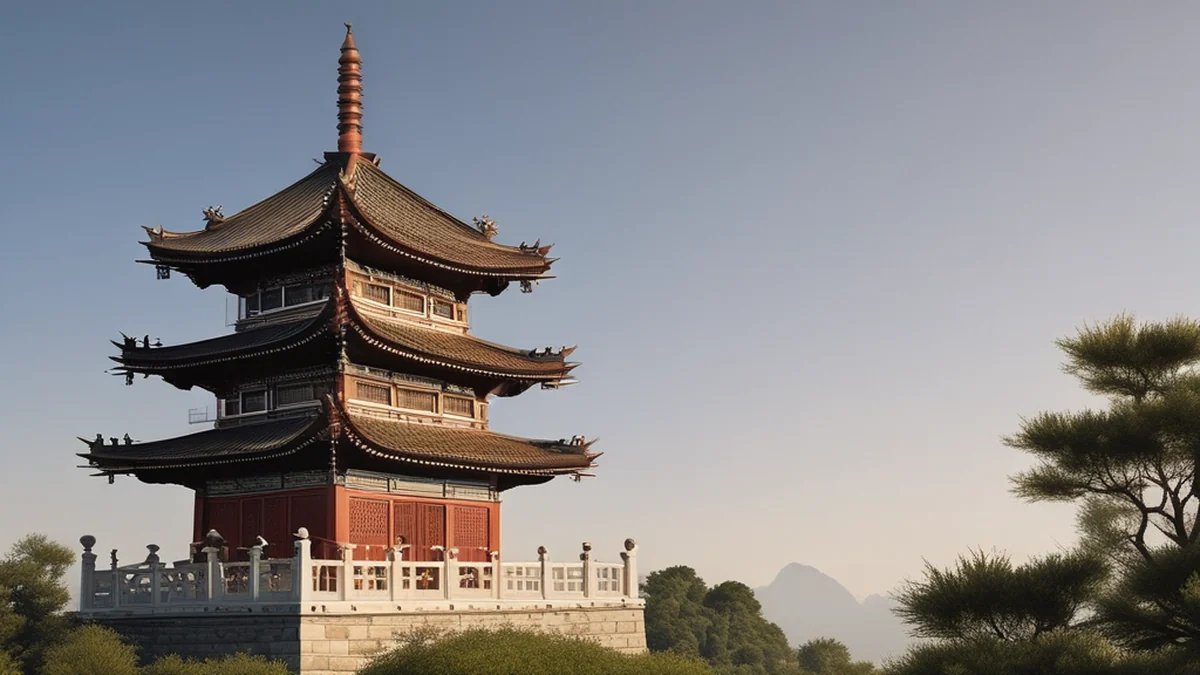 古代中国宝塔，多层结构，木质梁和瓦屋顶。
