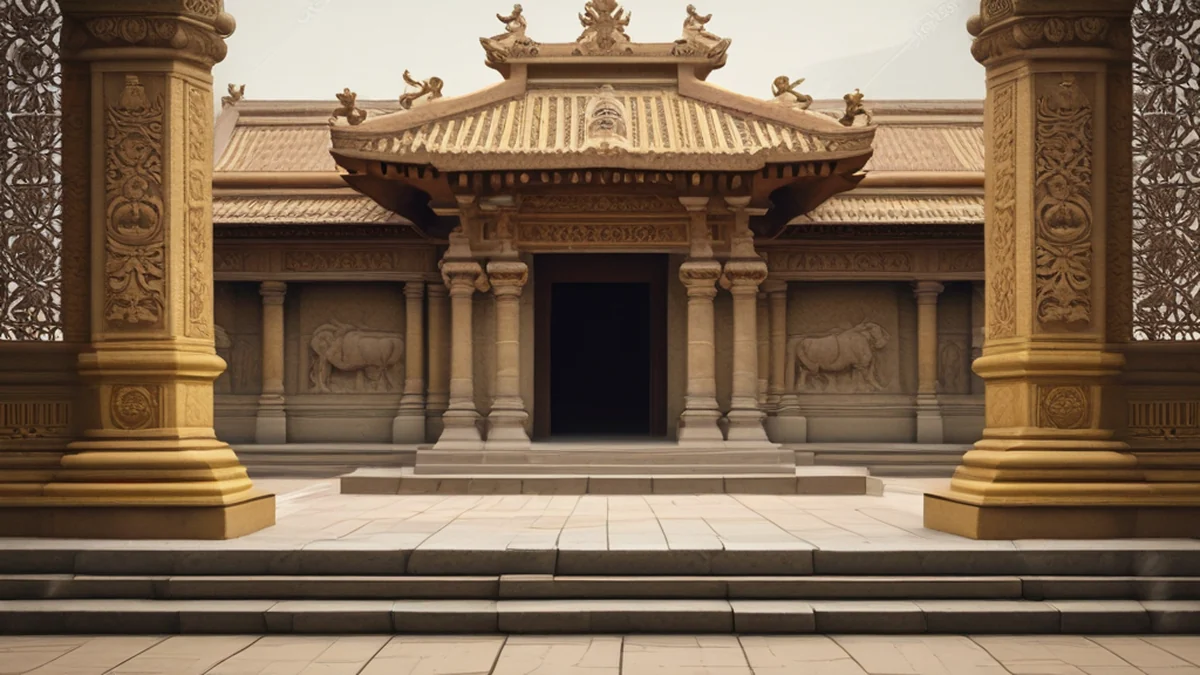传统农村寺庙有石制入口和木结构建筑。