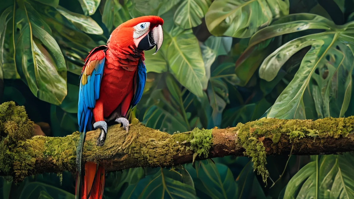 In einer natürlichen Umgebung hält ein grüner Macaw auf einem Ast.