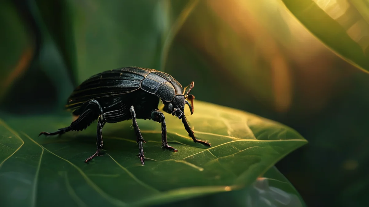 Grünes Käfer mit schwarzen Mustern auf einer Blattfläche in einer tropischen Umgebung.