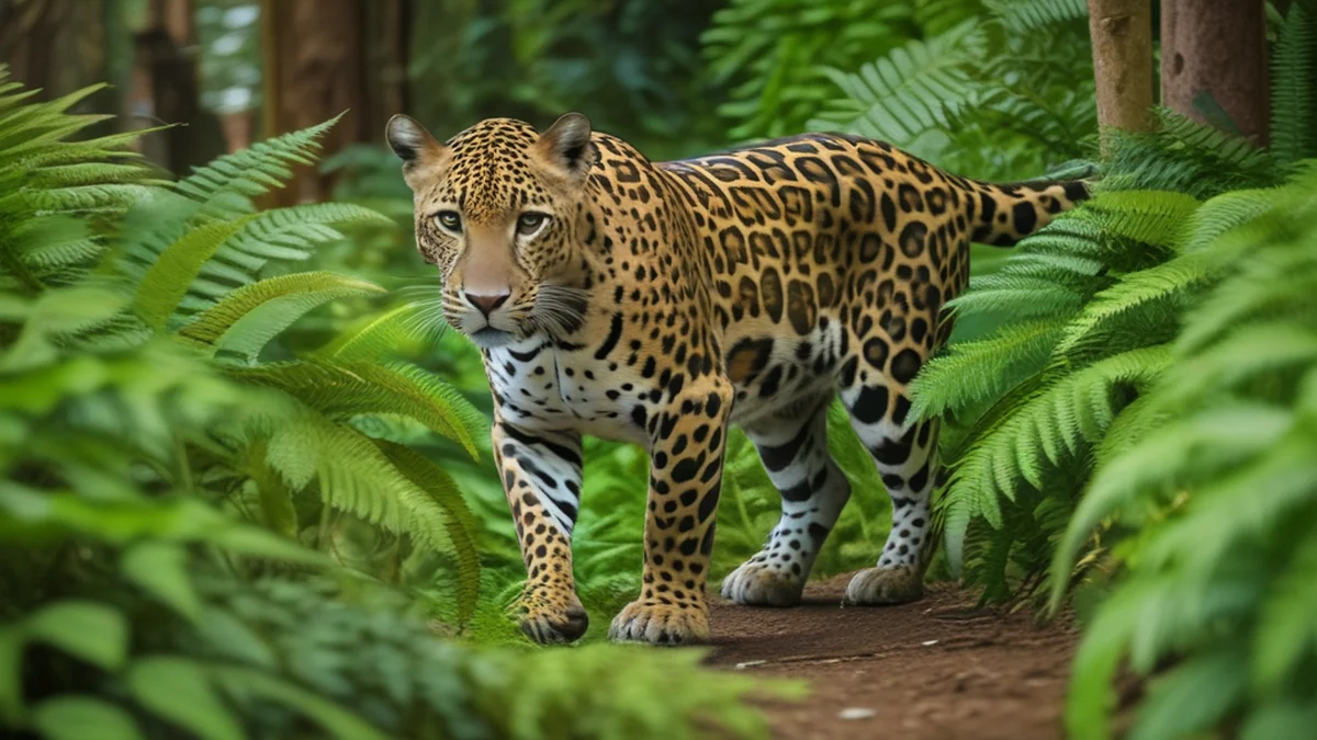 Jaguar moves through dense jungle vegetation