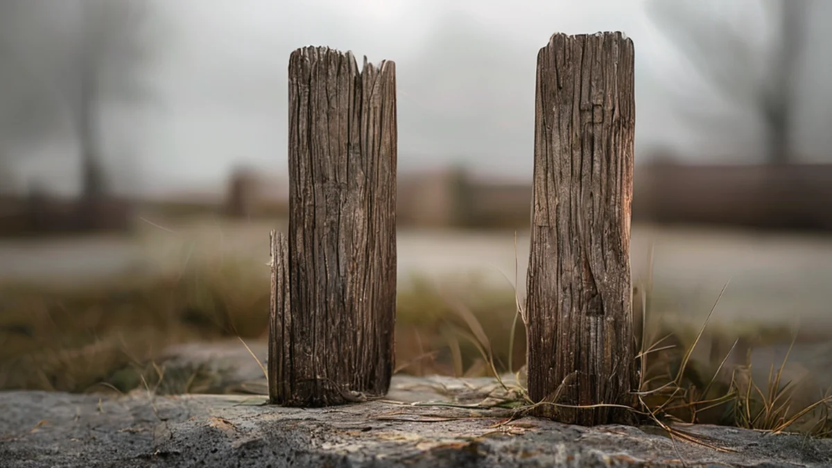 Posto di recinto al centro, legno opaco, texture ruvida, marrone scuro, leggermente inclinato, appoggiato su concreto, giorno nuvoloso, profondità di campo bassa, fotorealistico, focus acuto, dettagli elevati