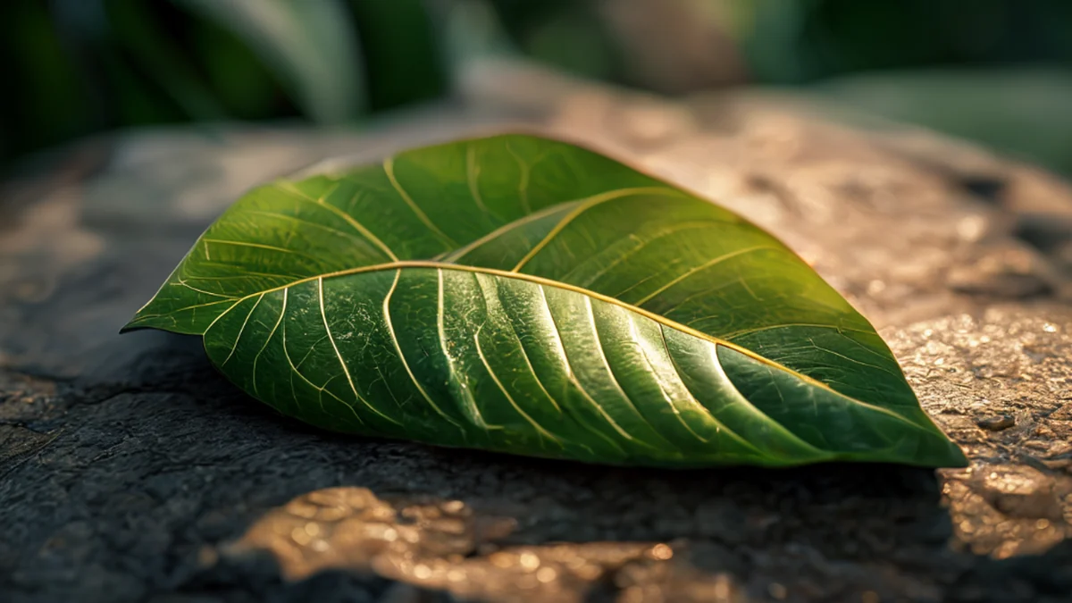 Tropical leaf, green with waxy surface, on stone, warm light, 85mm lens, shallow focus, photorealistic, sharp detail