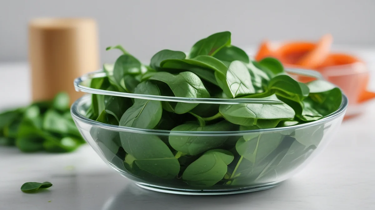 Fresh spinach leaves arranged in a clear glass bowl.