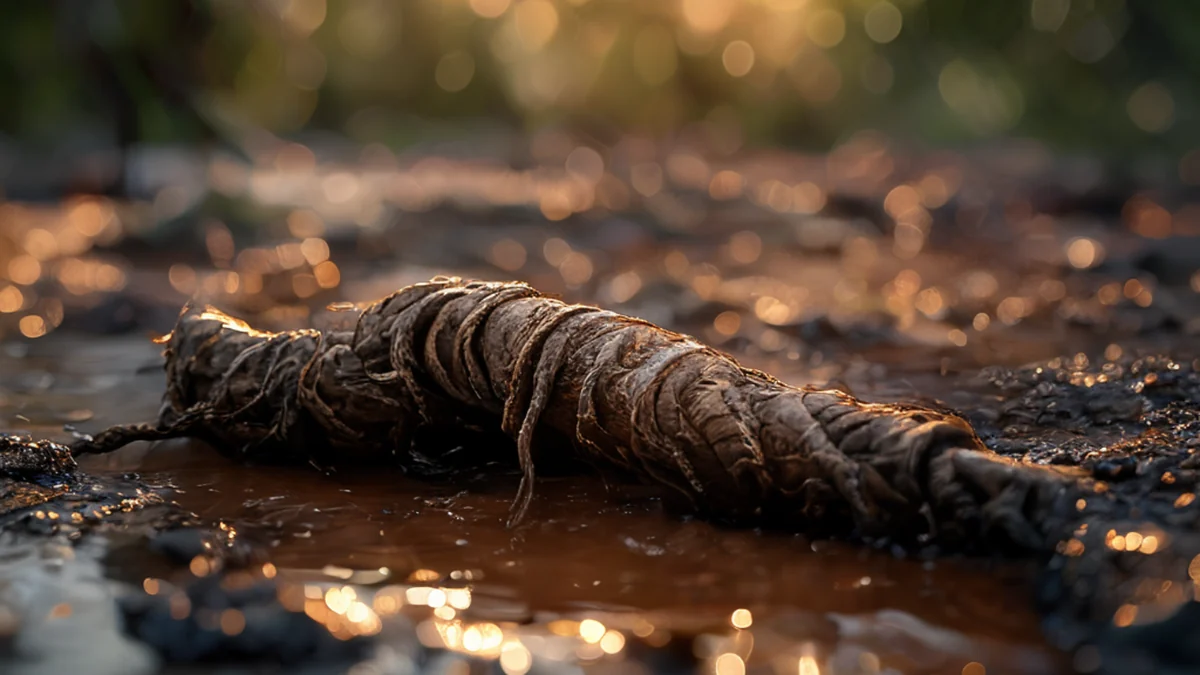 Una única raíz de mangrova doblada y atada en un suelo húmedo, luz lateral cálida, profundidad de campo superficial, fotorealista, enfoque nítido, detalles altos