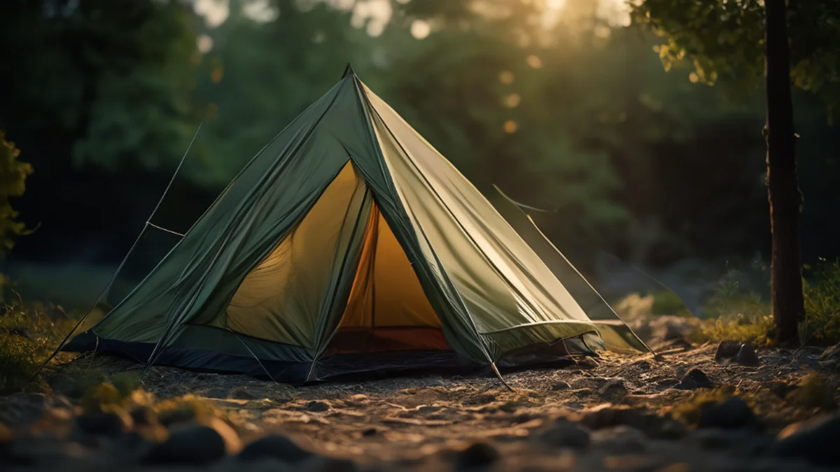 Tent de acampar, negro, camino de gravilla, luz cálida, lente 85mm, profundidad de campo suave, fotorealista, enfoque claro, detalles altos
