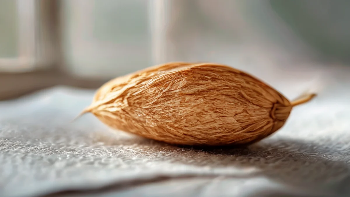 Pod de graines sèche avec une apparence brune et dure, un petit trou au haut.