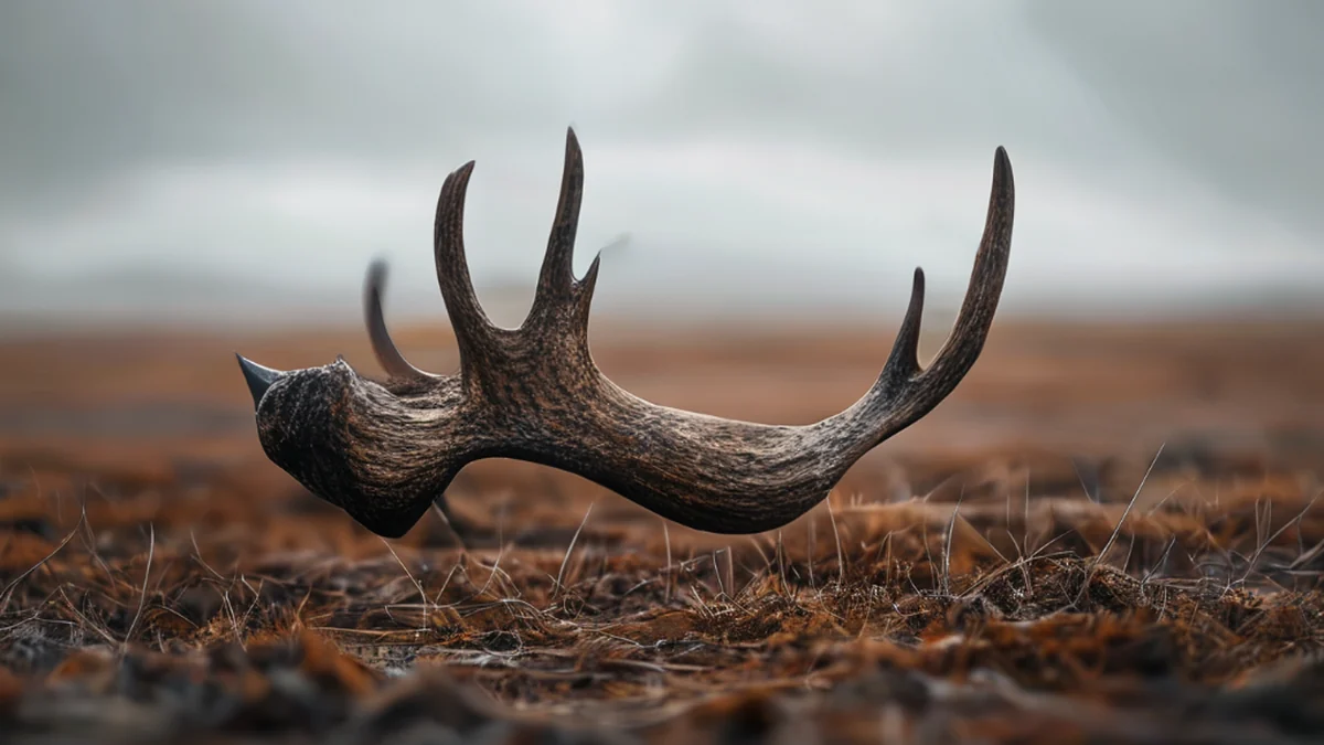 Un corno di moose curvo, marrone e nero, su un suolo di tundra, giorno nuvoloso, profondità di campo bassa, realismo fotografico, focus netto, dettagli elevati