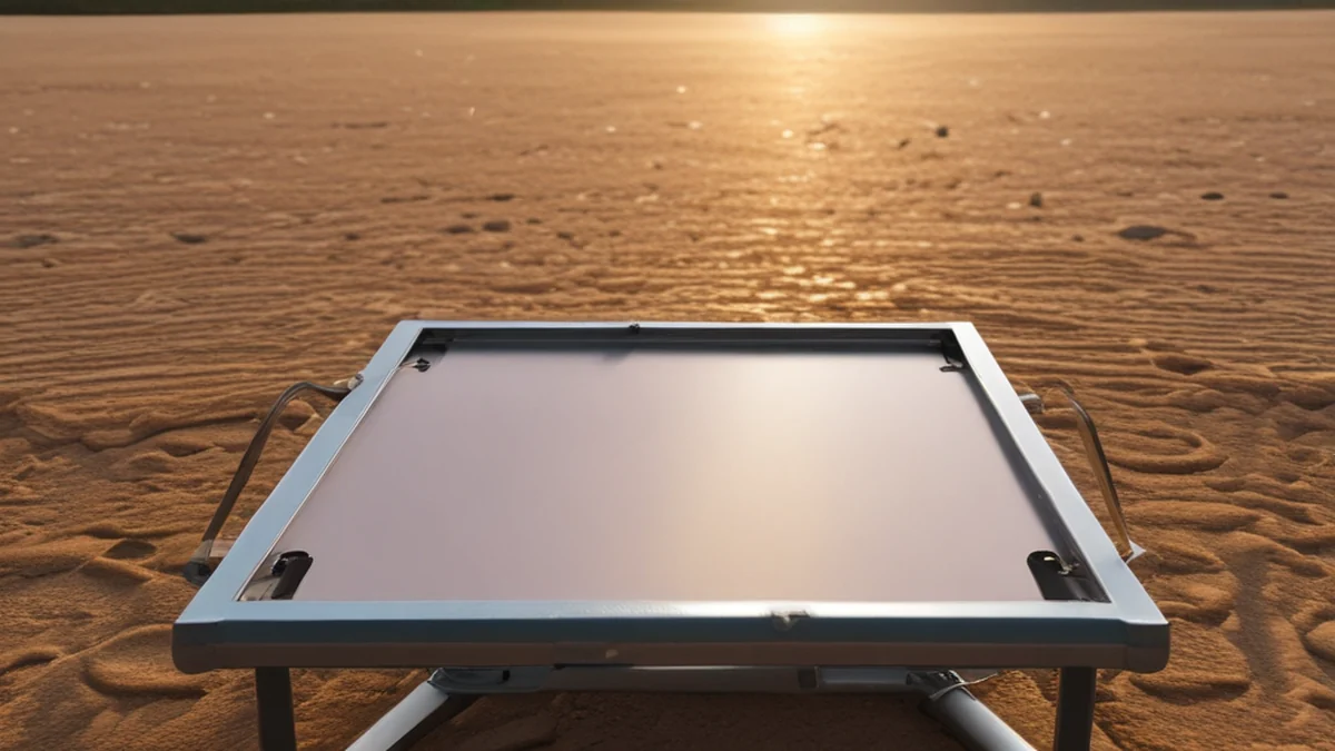 Mesa de acampar de madeira com quadro de metal, usada para atividades ao ar livre.