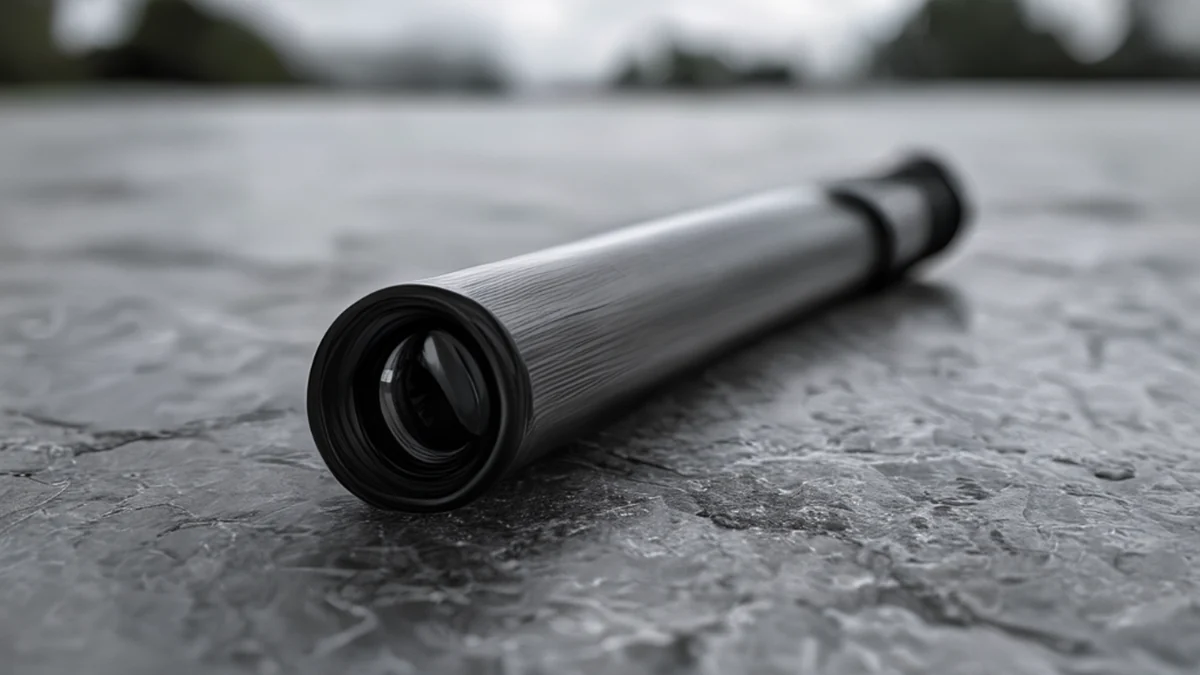 Um longo tubo de lente preto, cilíndrico com superfície texturizada, sobre uma mesa de pedra cinza sob um dia nublado, profundidade de campo baixa, fotorealista, foco neto, detalhes altos