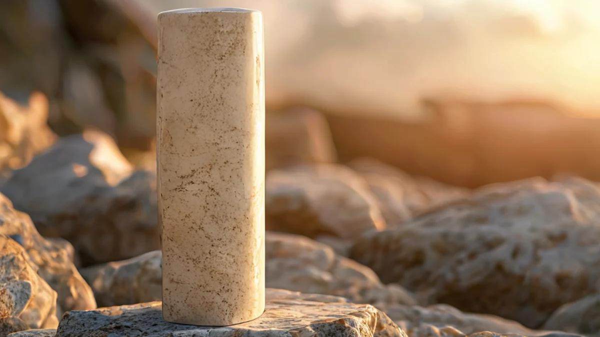 Pilier en granit beige, surface lisse, forme haute, reposant sur un arrière-plan rocheux, heure dorée, profondeur de champ faible, photoréaliste, focus aigu, détails élevés