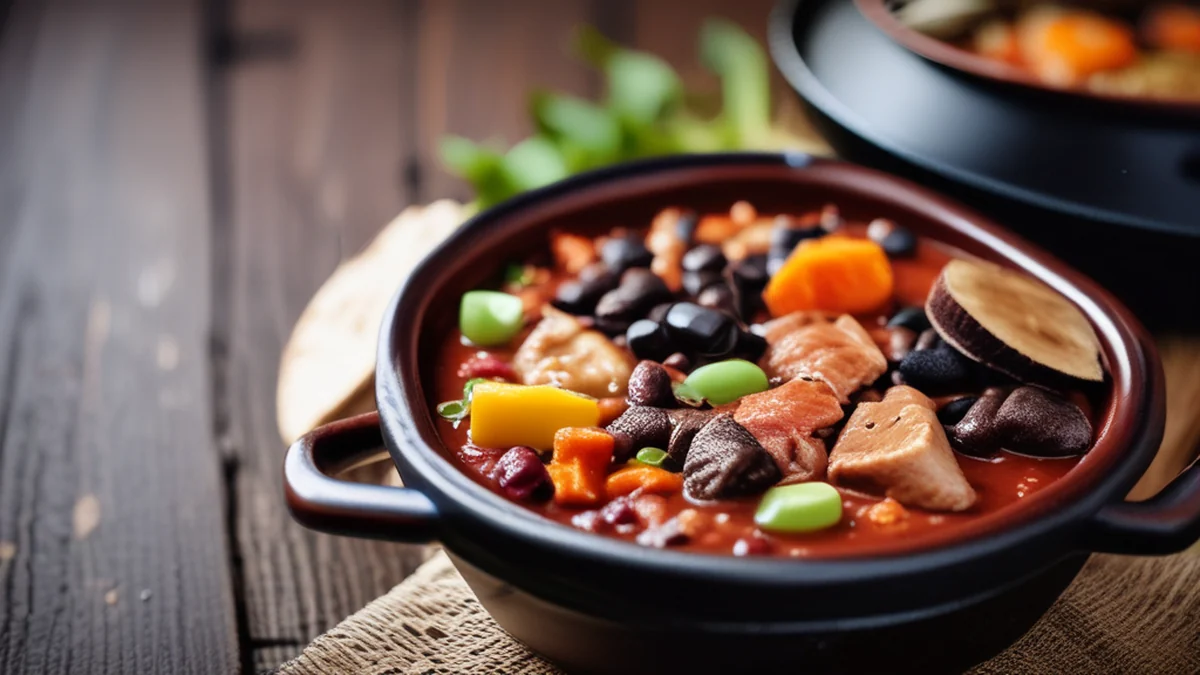 검정 플라스틱 주전자에 브라질식 페이요다가 끓고 있다