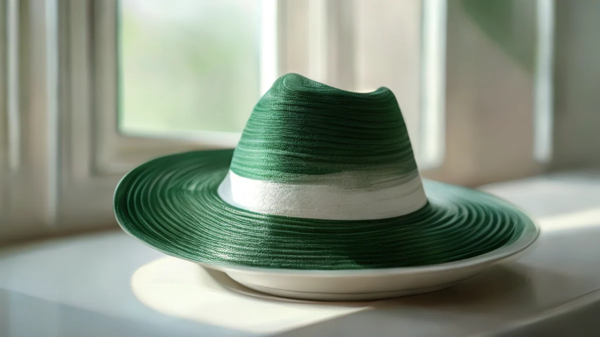 Breedere Samba-hat, donkergroen met witte strepen, rust op een witte porseleinen tafel, zachte ramenlicht, kleine scherpte, fotorealistisch, scherp focus, hoge details