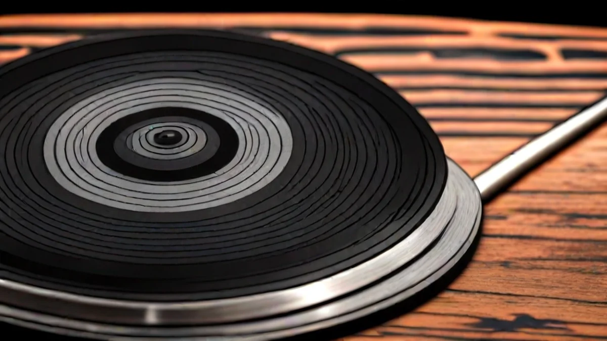 Um reproduzidor de vinil gira um disco de vinil em um turntable.