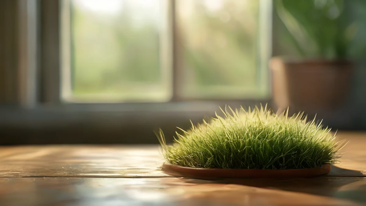 A Turf Stake Cap, brown with a grass-like texture, resting on a wooden table under soft window light, shallow depth of field, photorealistic, sharp focus, high detail