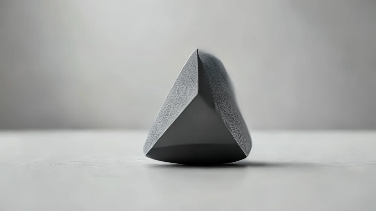 単一のボールウェイド、暗い灰色、角のある、欠けた、白いテーブル中央、曇り空の明るい光、浅いフォーカス、写実的、鋭い焦点、高い詳細度